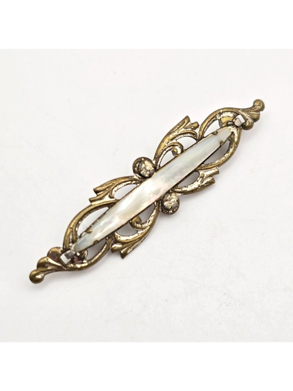 Antique Mother of Pearl Bar Brooch Mixed Tone Metal & Paste Stones - Picture 6 of 6